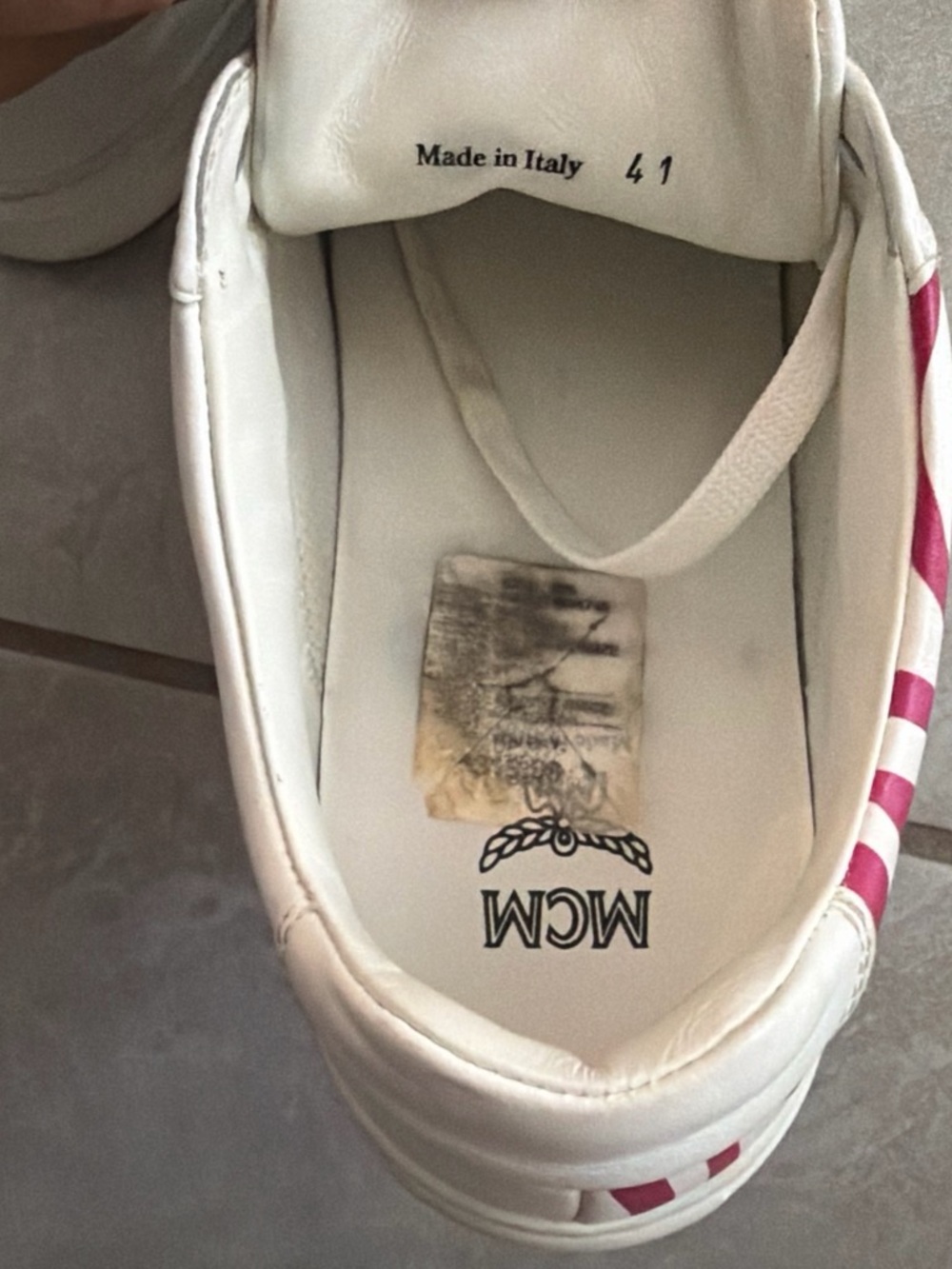 MCM White Leather Sneakers with Pink Stripe Accents